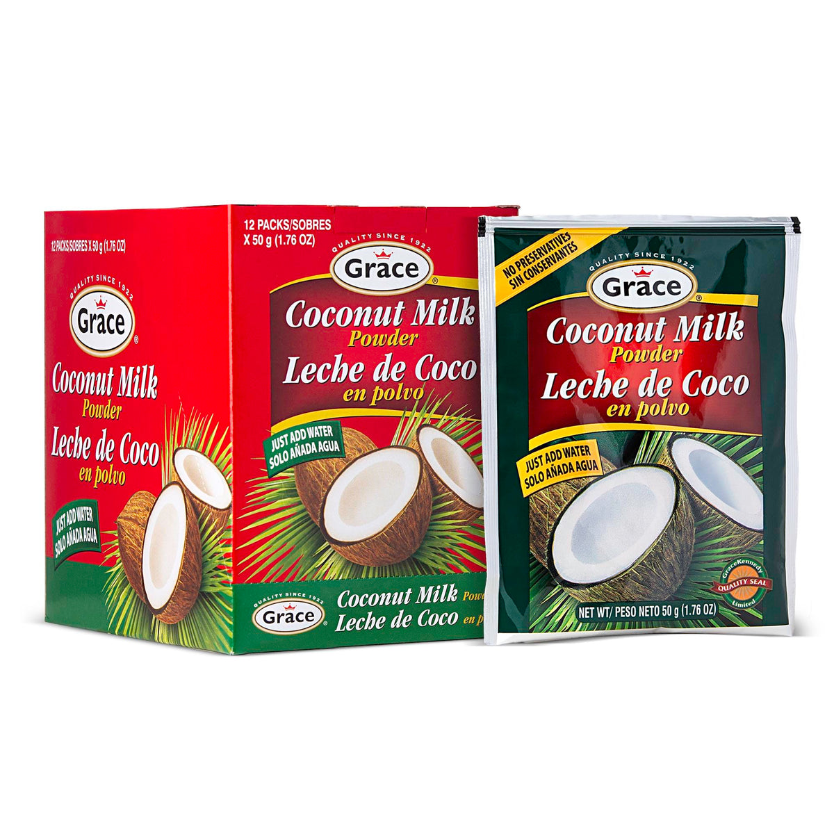 Grace coconut milk powder canister for quick, tropical rehydration in dishes