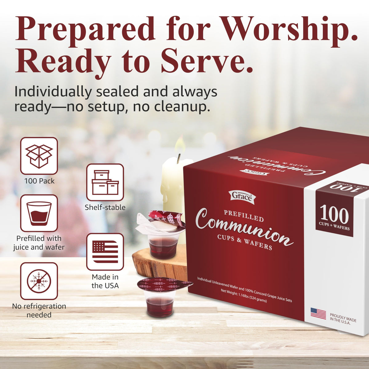 Grace Concord grape juice cups, sealed for fresh taste during service.