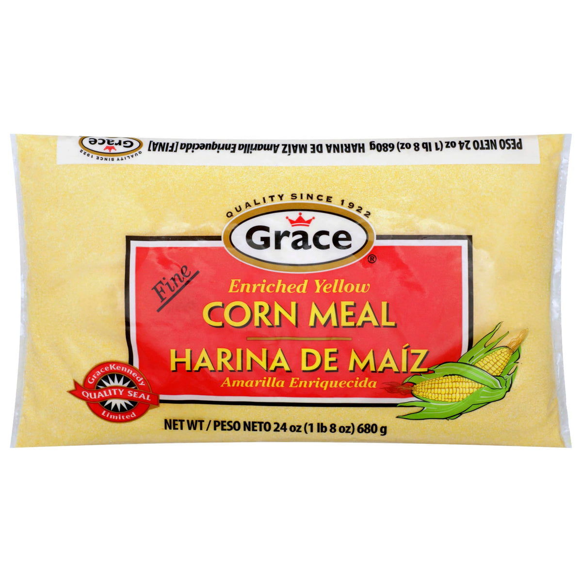 Grace Enriched Fine Corn Meal bag showing smooth texture for consistent baking.