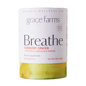 Grace Farms BREATHE tea pyramid sachet ready to steep for a flavorful cup.