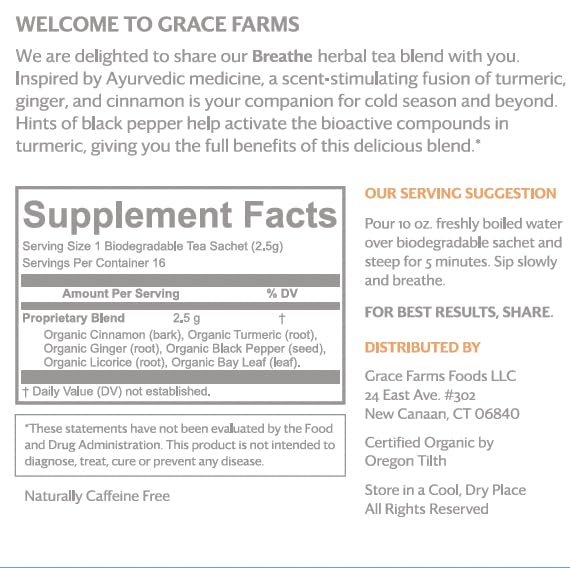 Grace Farms BREATHE tea turmeric ginger blend boosts warm, comforting aroma.