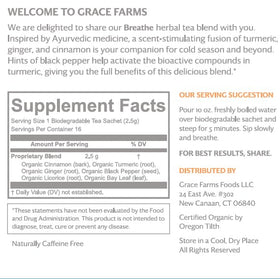 Grace Farms BREATHE tea turmeric ginger blend boosts warm, comforting aroma.
