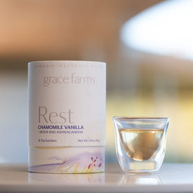 Grace Farms REST Wellness adaptogenic herbs suggest relaxing support.