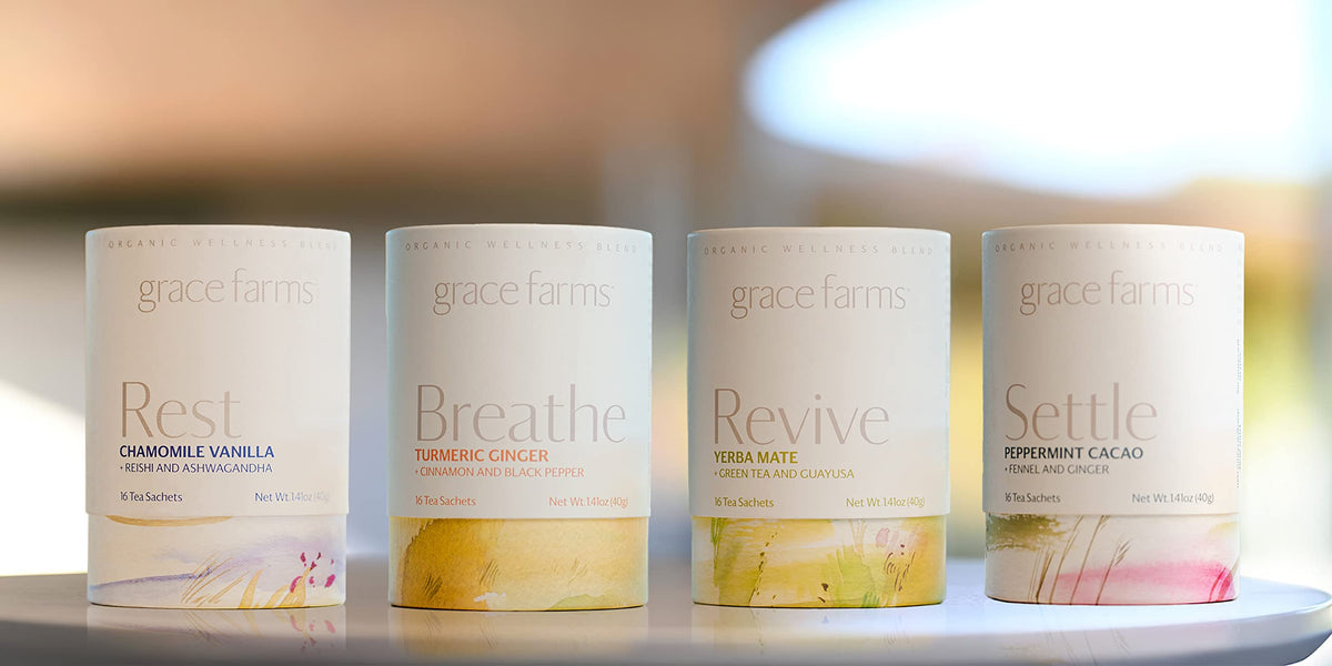 Grace Farms REST Wellness relaxing steeping scene suggests smooth, flavorful sip.