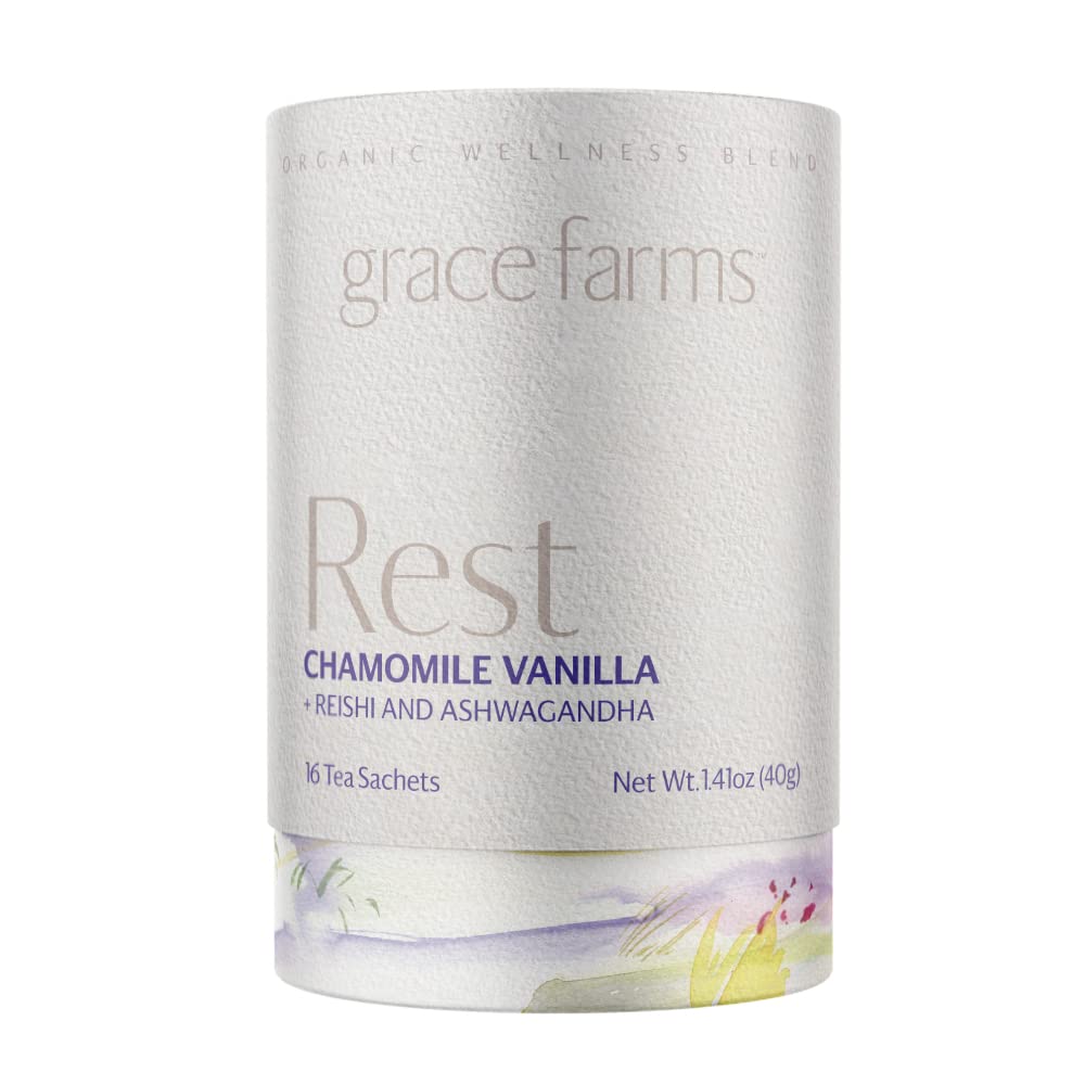 Grace Farms REST Wellness tea packaging highlights organic blend for evening relaxation.