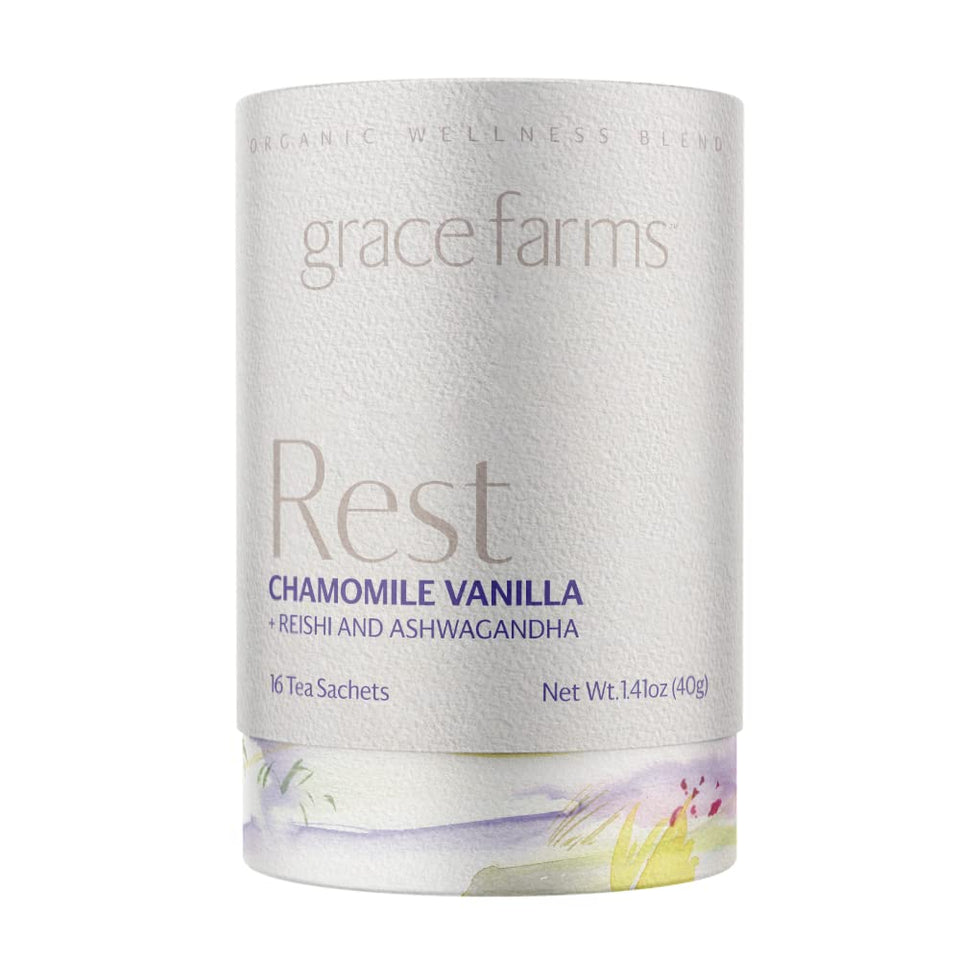 Grace Farms REST Wellness tea packaging highlights organic blend for evening relaxation.