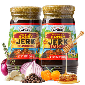 Grace Jamaican Honey Jerk Seasoning bottle on counter for bold chicken marinades.