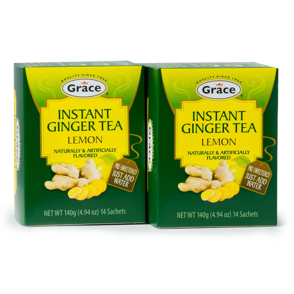 Grace Instant Ginger Lemon Tea 2-pack box shows convenient, pre-sweetened blend.