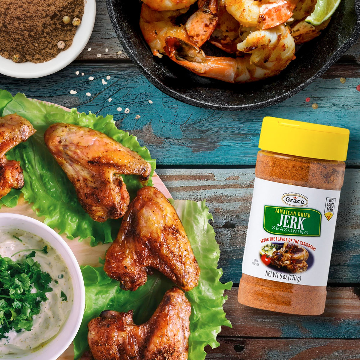 Grace Jamaican Dry Jerk Seasoning pouring action—perfect for flavor-packed fish and seafood dishes.