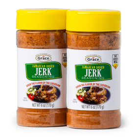 Grace Jamaican Dry Jerk Seasoning bottle—aromatic blend ideal for juicy jerk chicken marinades.