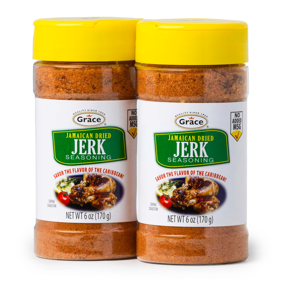 Grace Jamaican Dry Jerk Seasoning bottle—aromatic blend ideal for juicy jerk chicken marinades.