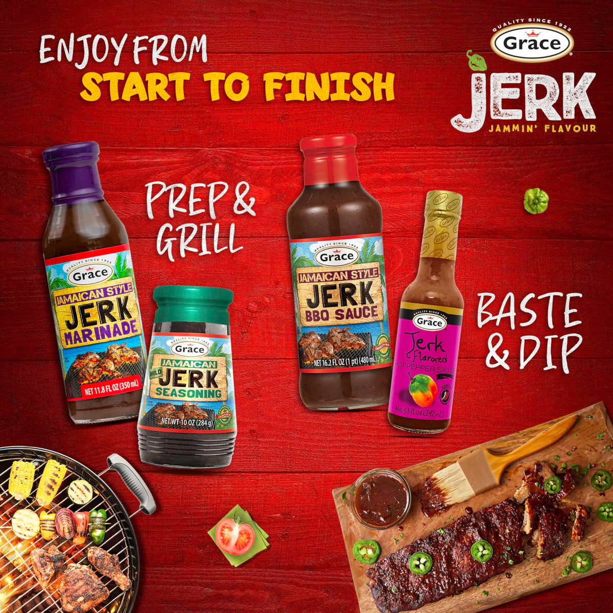 Grace Jamaican Style Jerk BBQ sauce poured over shrimp on skewers.