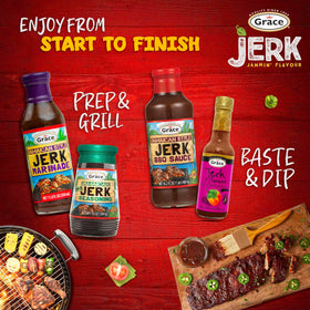 Grace Jamaican Style Jerk BBQ sauce poured over shrimp on skewers.