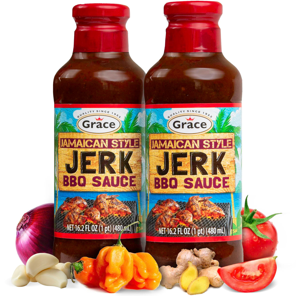 Grace Jamaican Style Jerk BBQ sauce bottle on two-pack display for bold flavor.