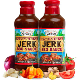Grace Jamaican Style Jerk BBQ sauce bottle on two-pack display for bold flavor.