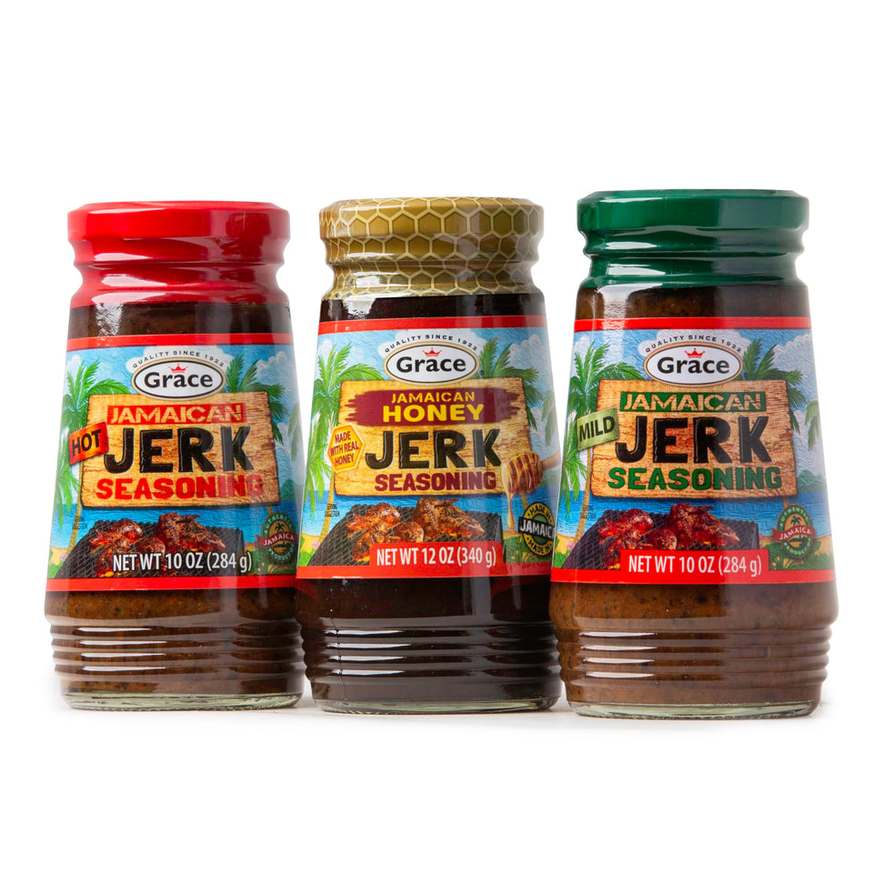 Grace Jerk Paste Hot bottle pour for fiery grilled dishes.