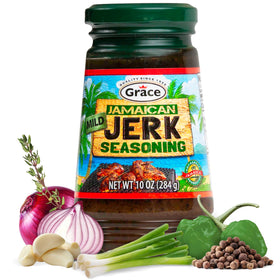 Grace Jamaican Mild Jerk seasoning bottle pour adds bold Caribbean flavor