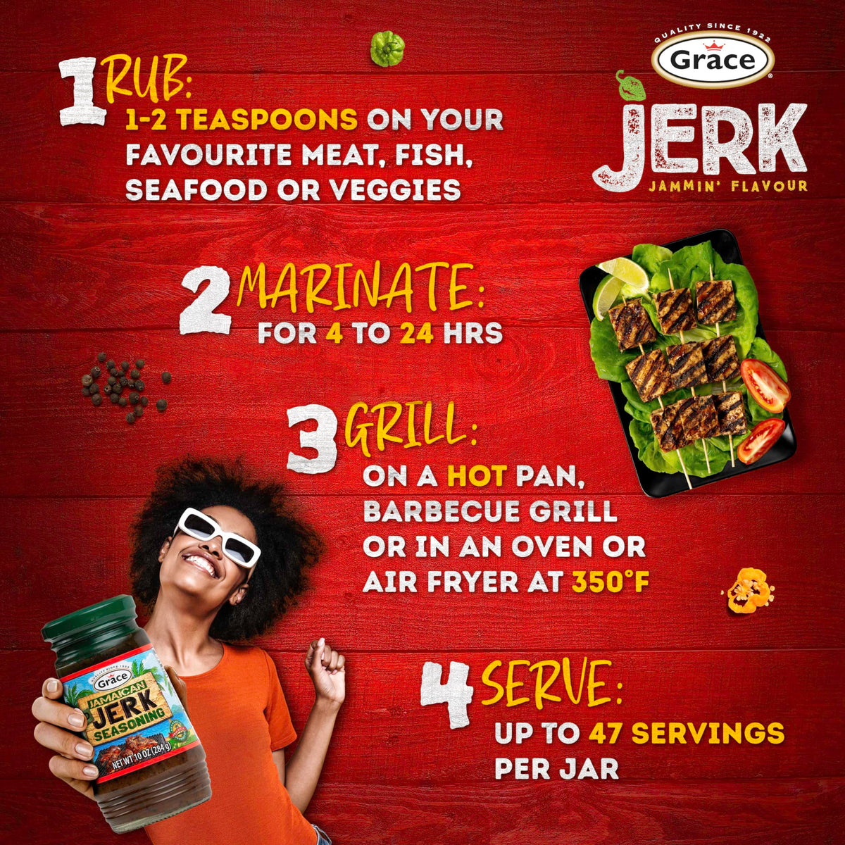 Sprinkle Grace jerk seasoning to spice seafood and veggies