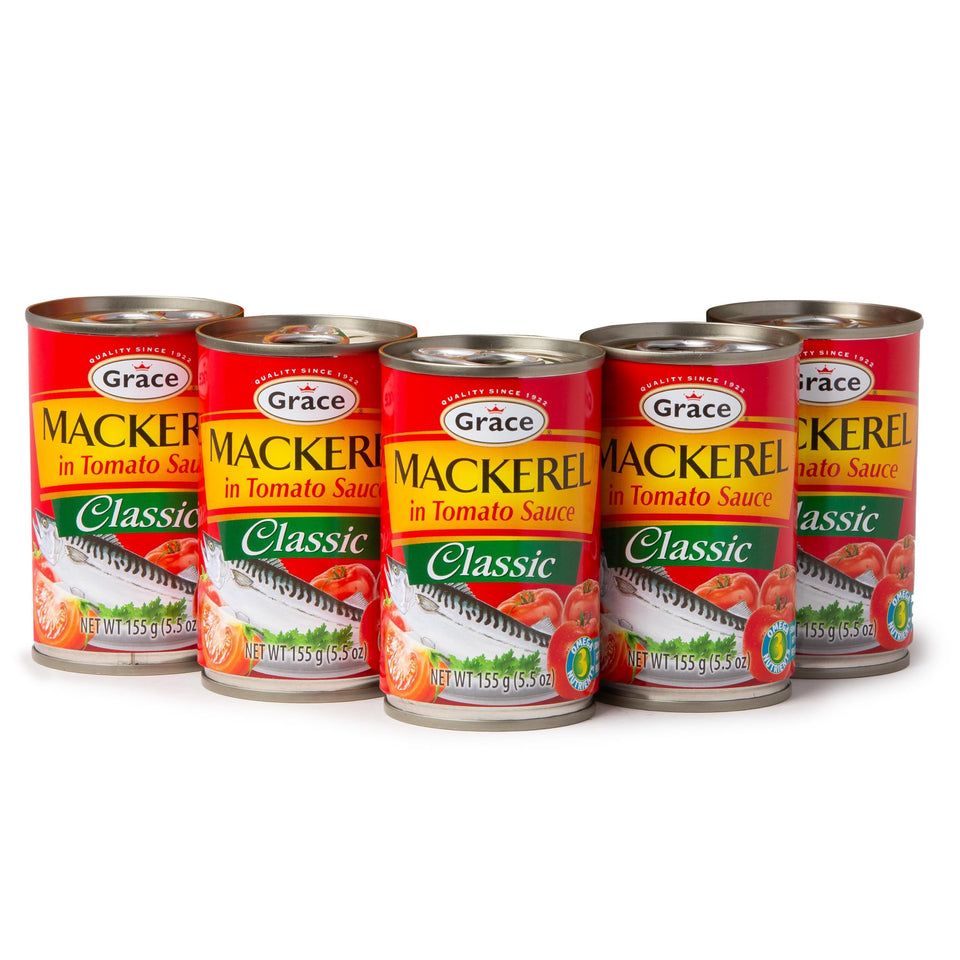 Grace mackerel in tomato sauce can front shows rich flavor for quick meals.