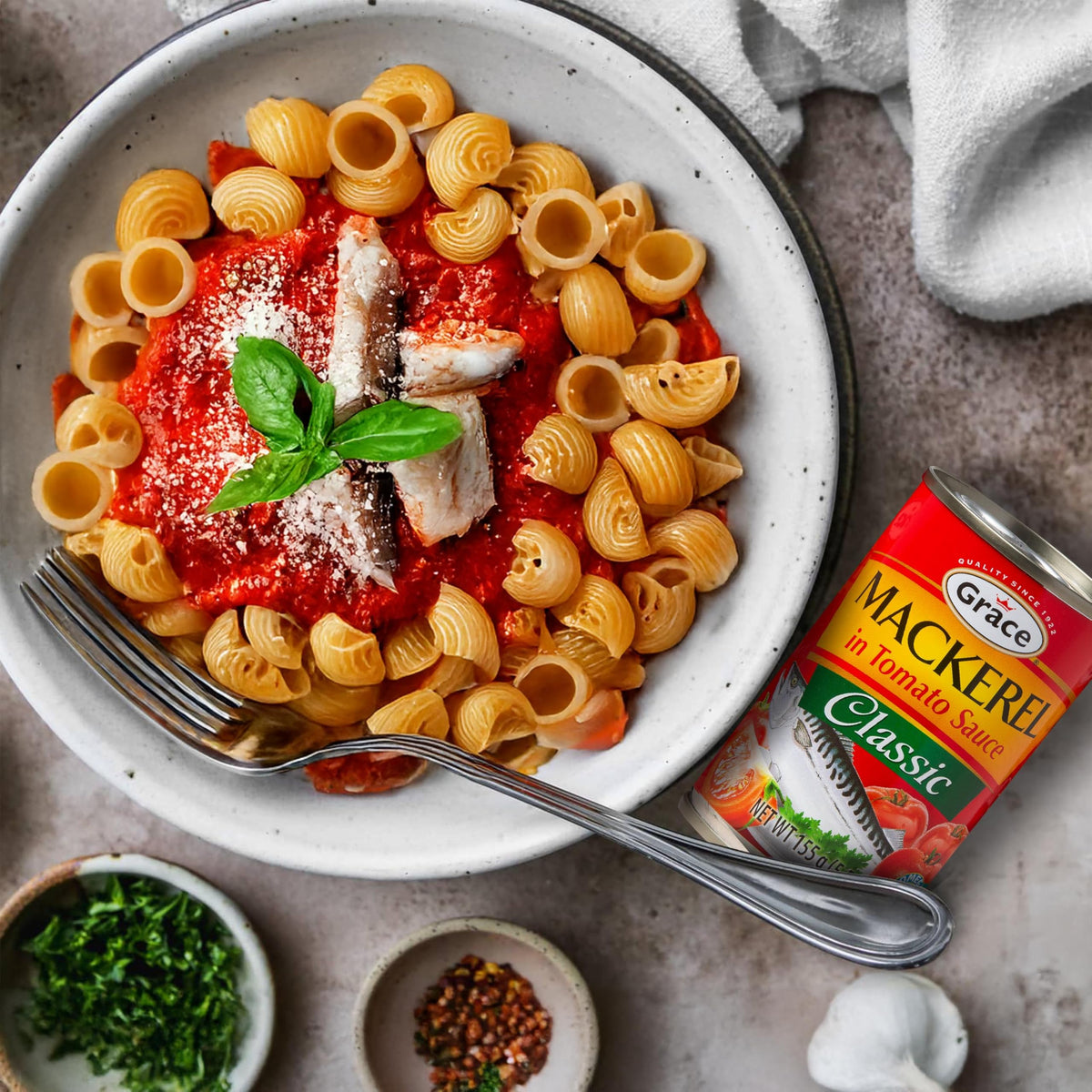 Grace mackerel in tomato sauce can label close-up highlights tangy sauce.