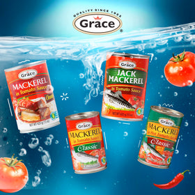 Grace mackerel in tomato sauce pack-shot emphasizes convenient five-pack value.