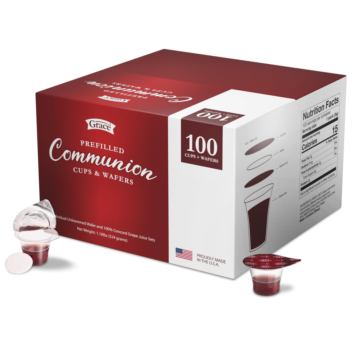 Grace prefilled communion cups and wafers in a box of 100, ready for orderly worship.