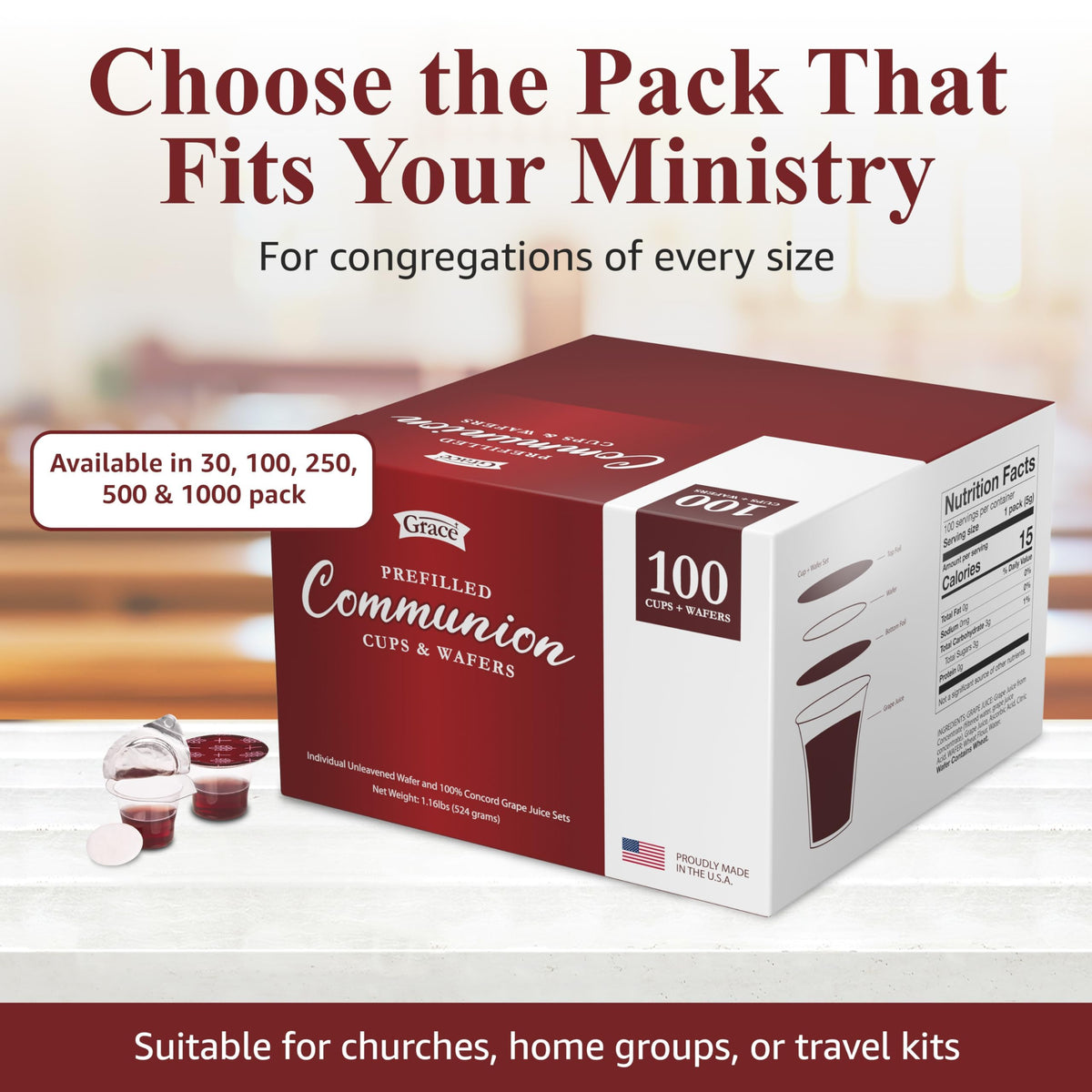 Grace prefilled cups fit standard communion trays for simple distribution.