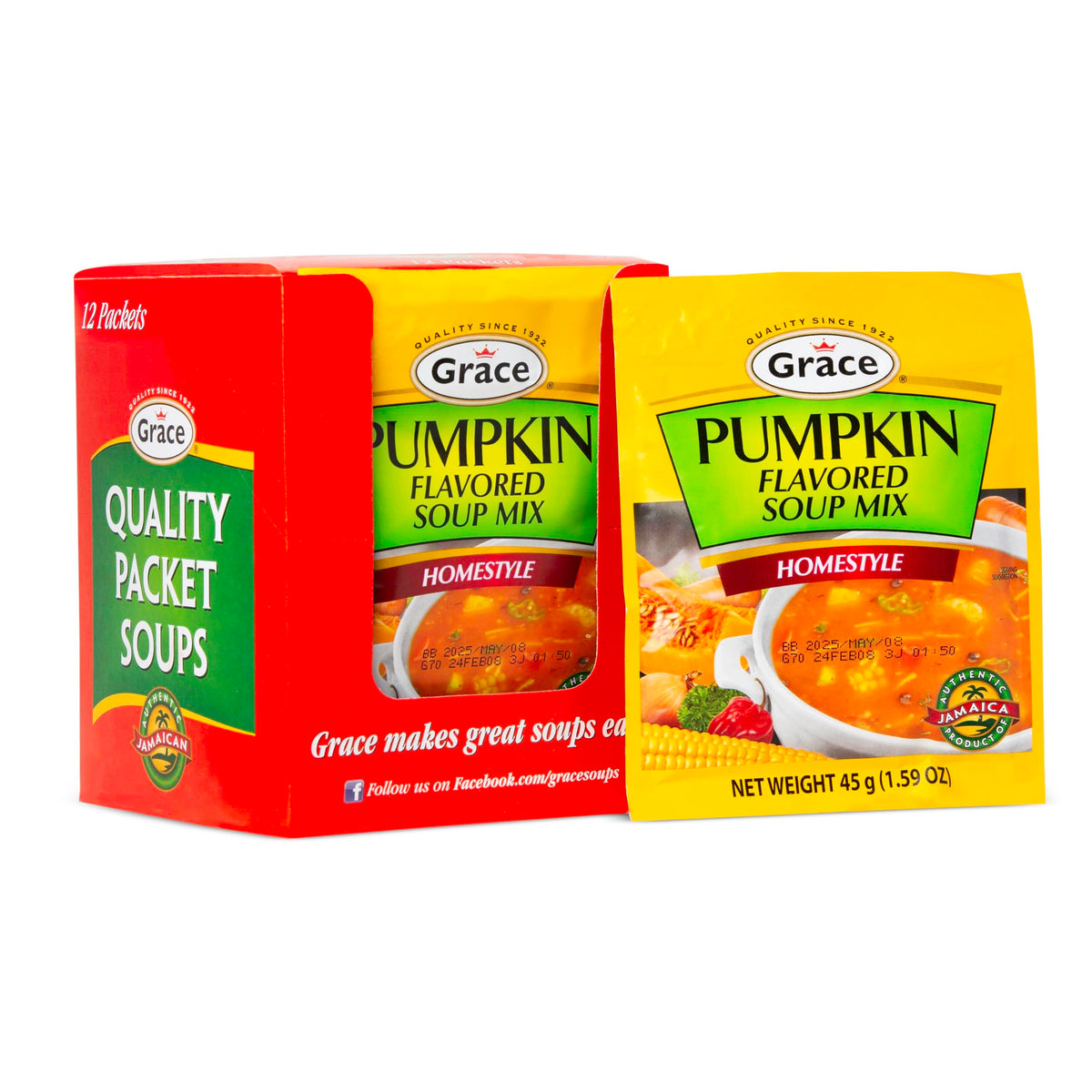 Grace pumpkin-flavored soup mix 12-pack on display, convenient weeknight option.