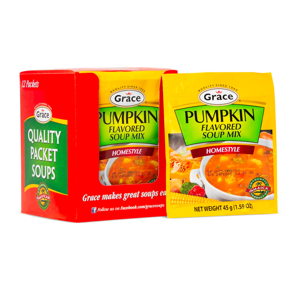 Grace pumpkin-flavored soup mix 12-pack on display, convenient weeknight option.