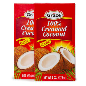 Grace Pure Creamed Coconut 6oz pack front view for easy Jamaican cooking.