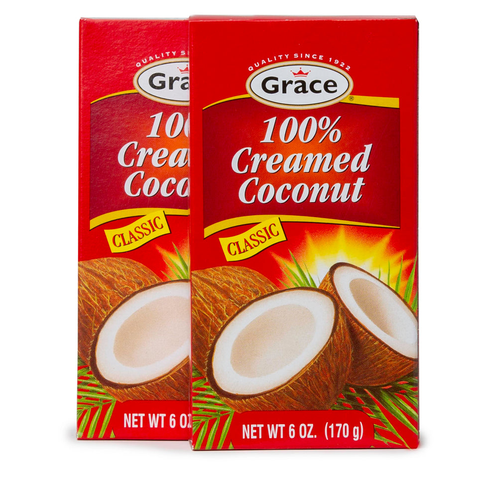 Grace Pure Creamed Coconut 6oz pack front view for easy Jamaican cooking.