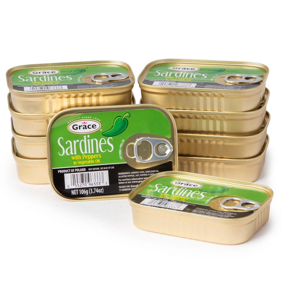 Grace Sardines with Peppers in Vegetable Oil can, protein-rich pantry staple