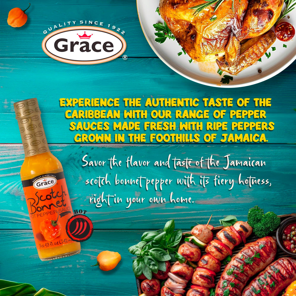 Grace Yellow Scotch Bonnet sauce closeup reveals ripe peppers
