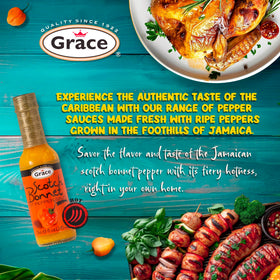 Grace Yellow Scotch Bonnet sauce closeup reveals ripe peppers