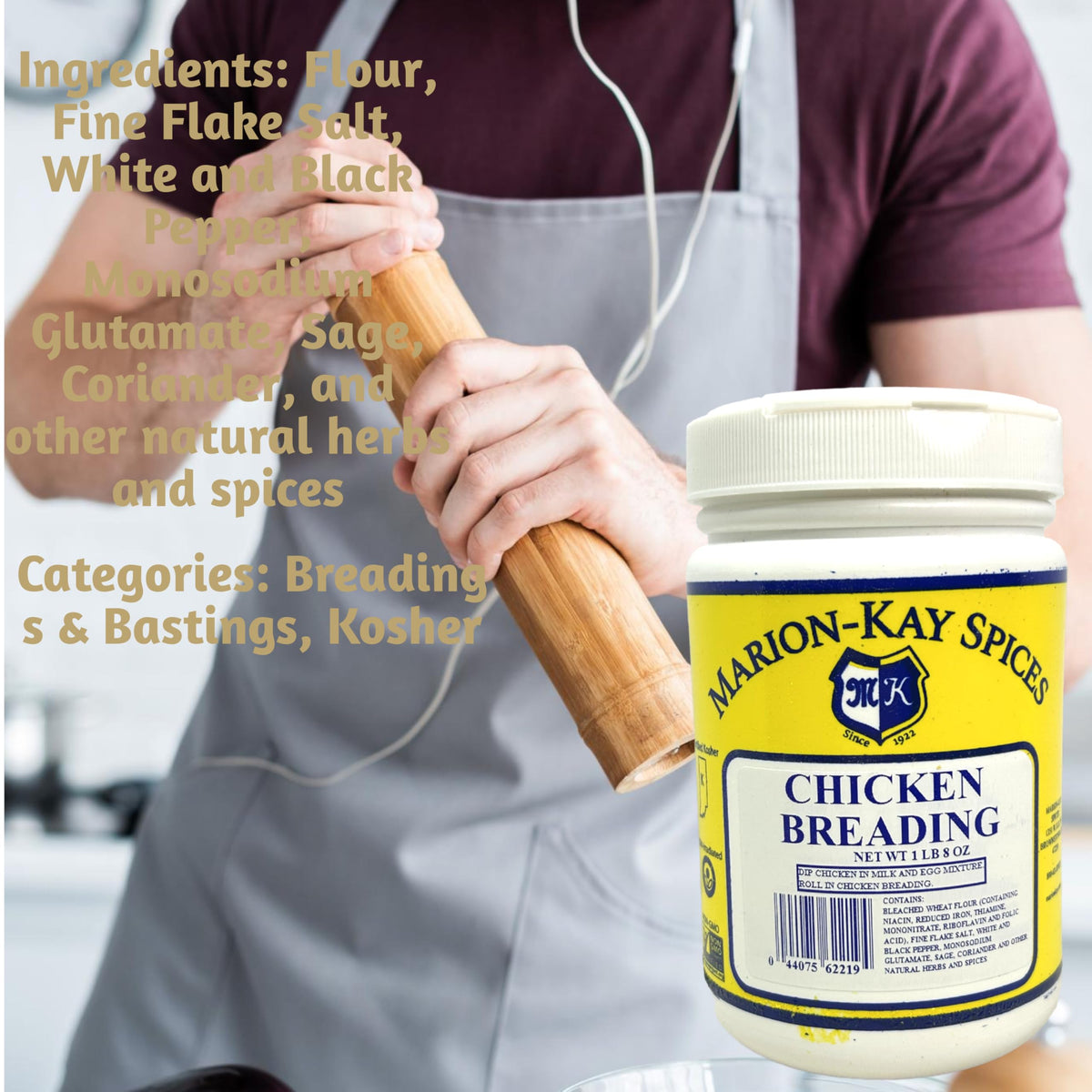 Kosher and non-GMO labeling highlighting quality assurances.