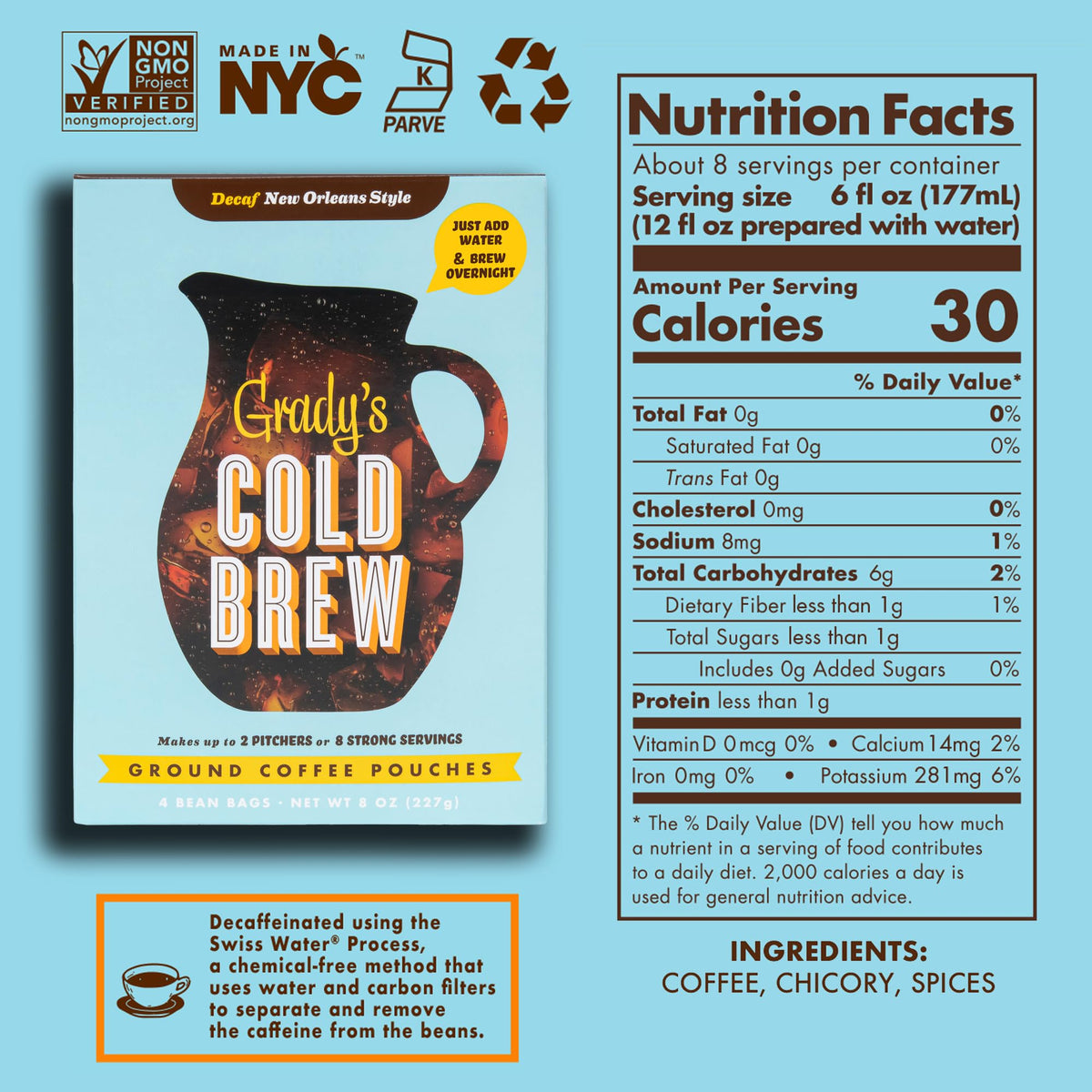 Grady’s Cold Brew bean bags steeping in water for easy cold brew.