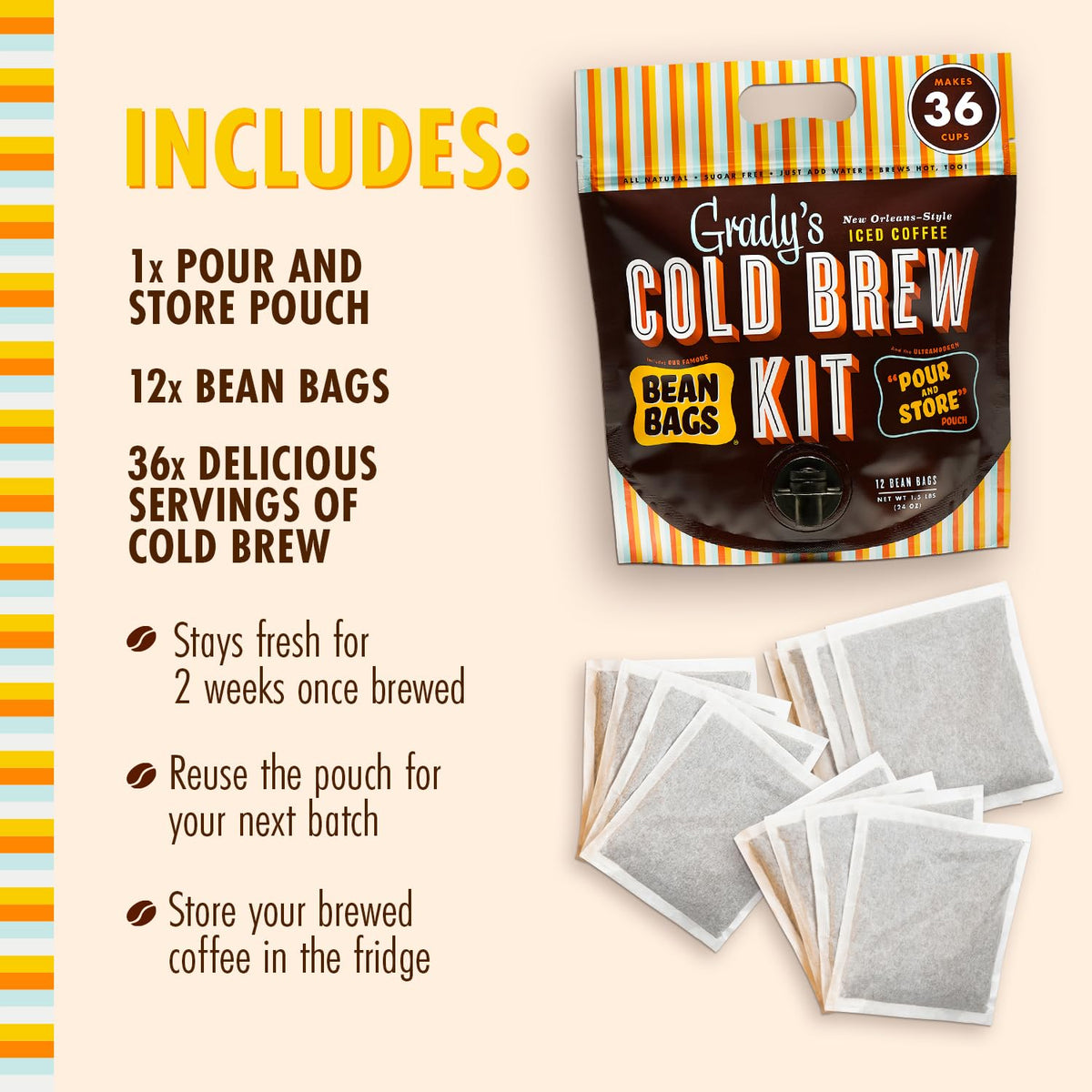 Grady's Cold Brew concentrate stored in fridge for up to two weeks of ready-to-drink flavor