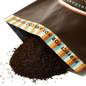 Grady's Cold Brew ground coffee closeup shows coarse grind for easy brewing
