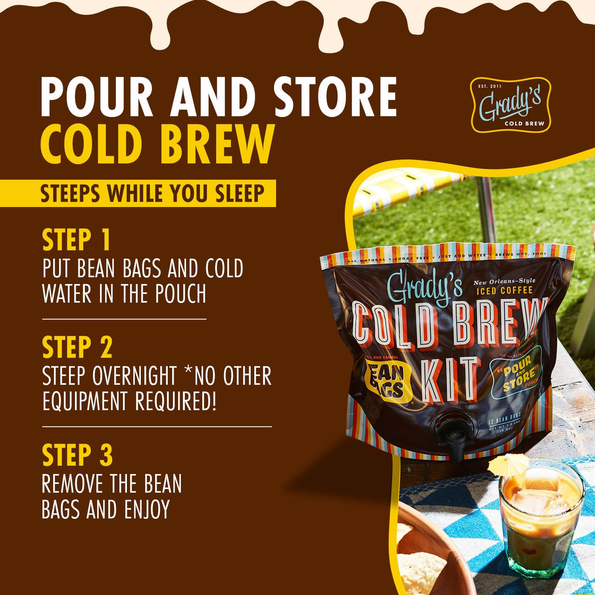 Grady's Cold Brew kit contents display highlighting 12 bean bags and chicory blend
