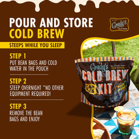 Grady's Cold Brew kit contents display highlighting 12 bean bags and chicory blend
