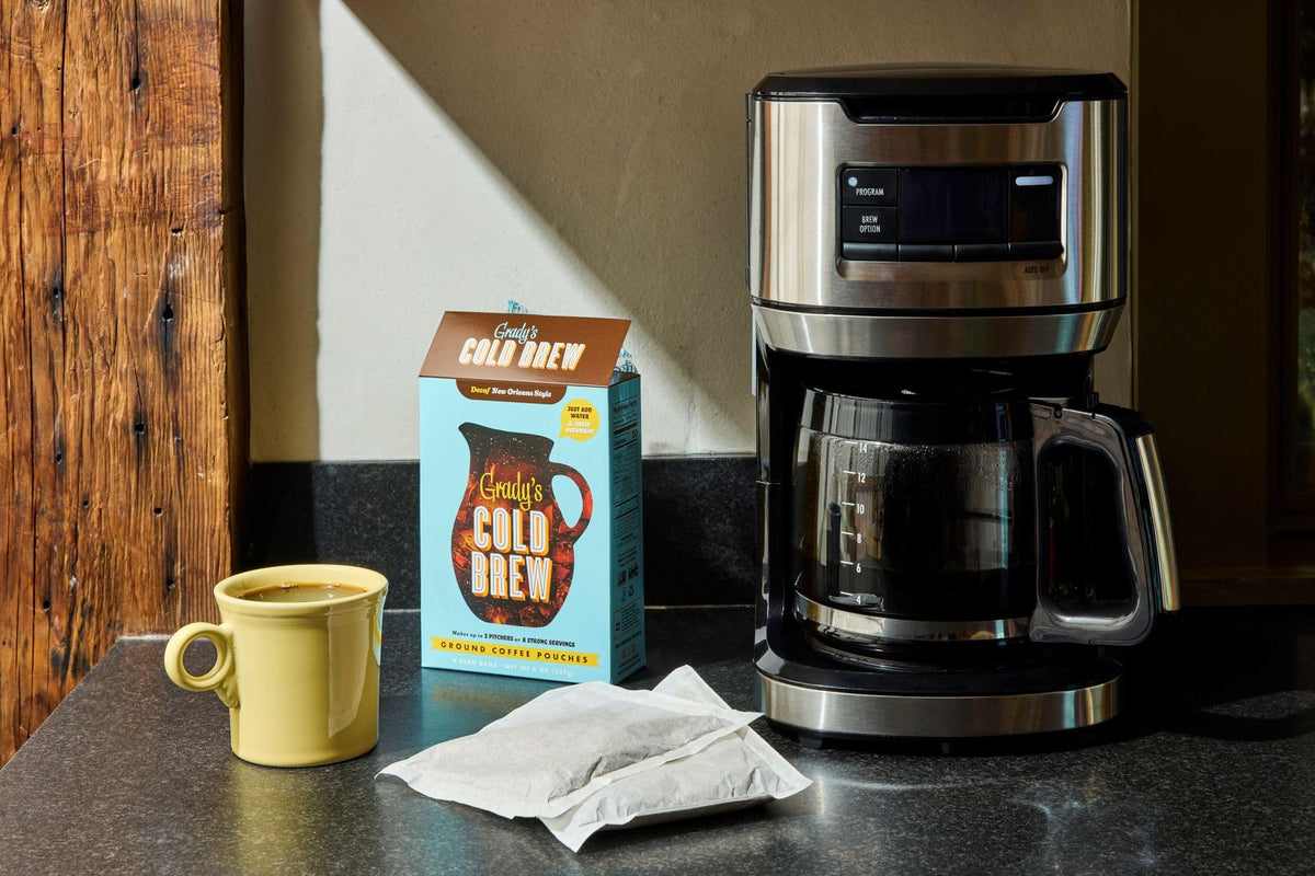 Grady’s kitchen counter setup shows compact, convenient cold brew steeping.