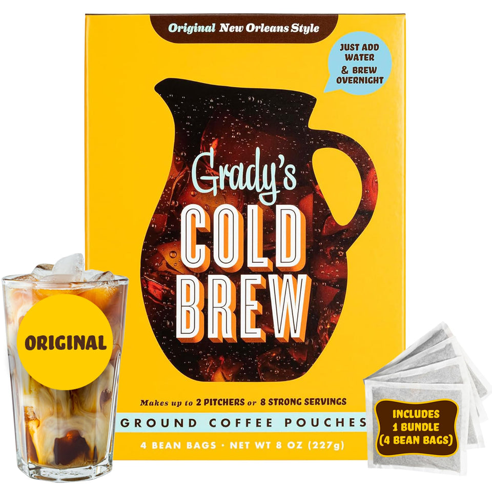 Grady's Cold Brew packaging with four chicory bean bags for easy at-home brewing.