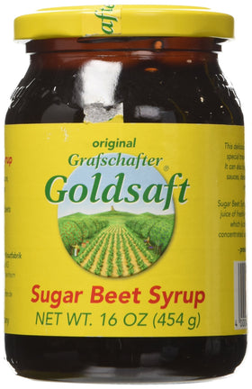 Grafschafter Goldsaft Original Sugar Beet Syrup jar on kitchen shelf, natural sweetness.