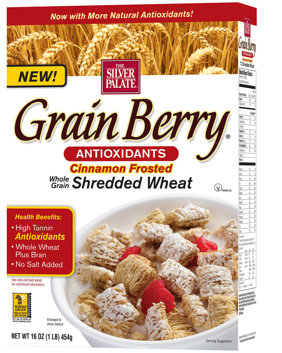 Grain Berry Cinnamon Frosted Shredded Wheat in a bowl, rich fiber for heart-healthy mornings.