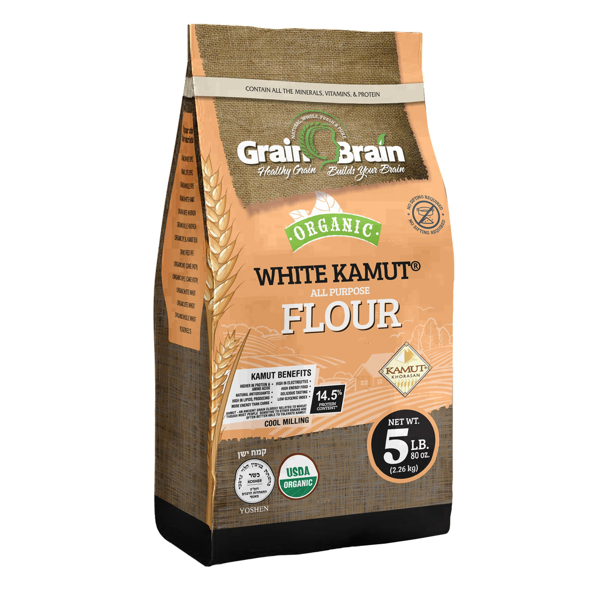 Grain Brain White Kamut Flour 5 lb bag for versatile baking.