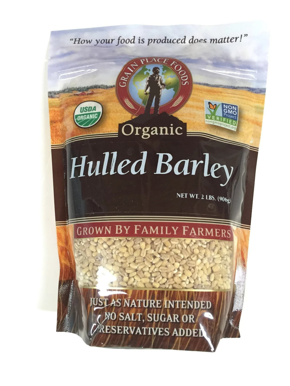 Grain Place Foods hulled barley bag emphasizes organic, non-GMO whole grain quality.
