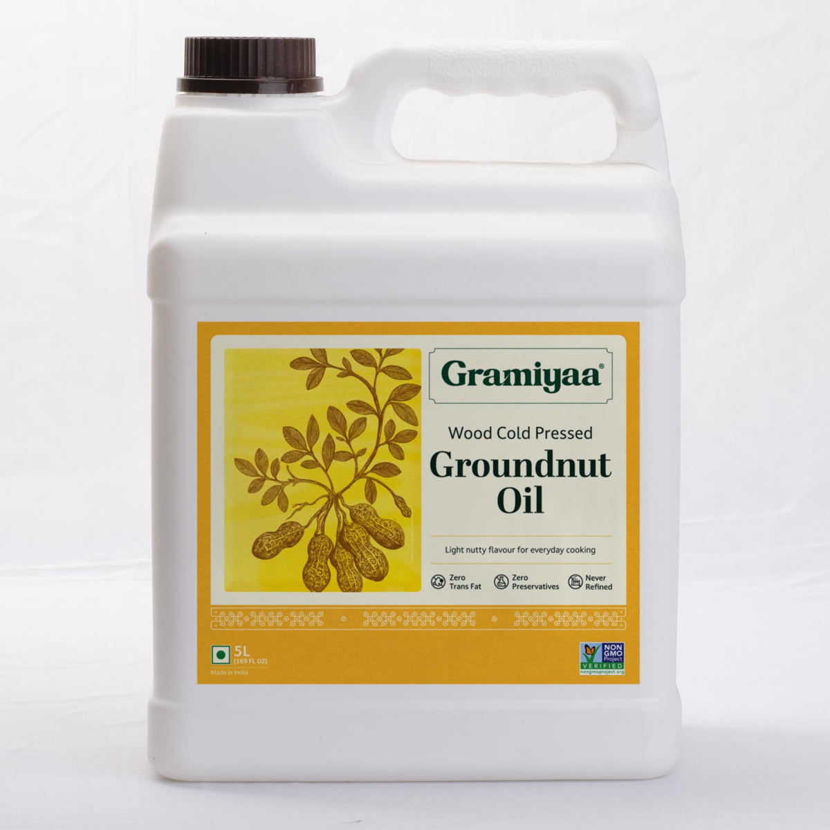 Gramiyaa cold pressed peanut oil 5L bottle, showcasing natural purity for cooking.