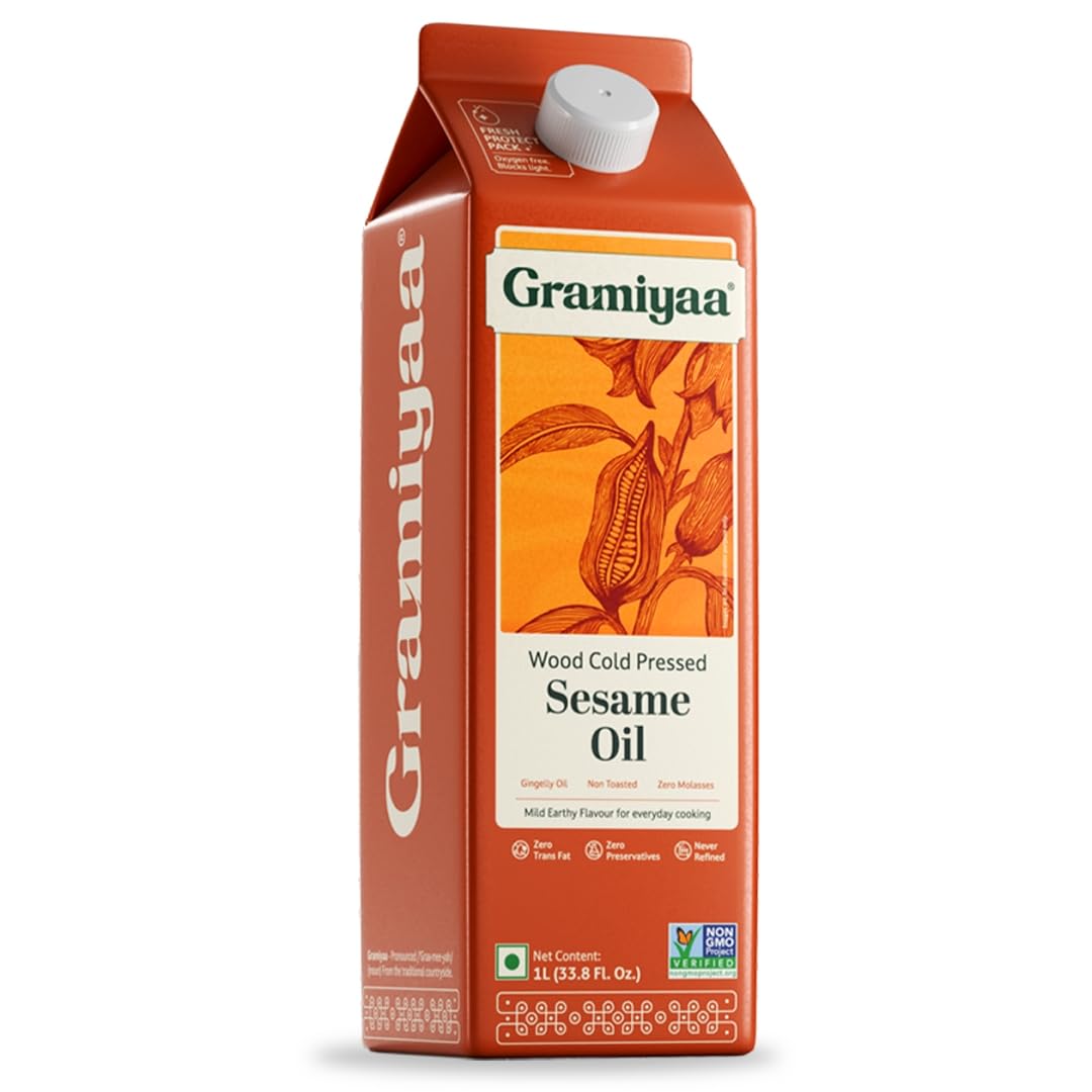 Gramiyaa cold-pressed sesame oil bottle adds nutty depth to cooking