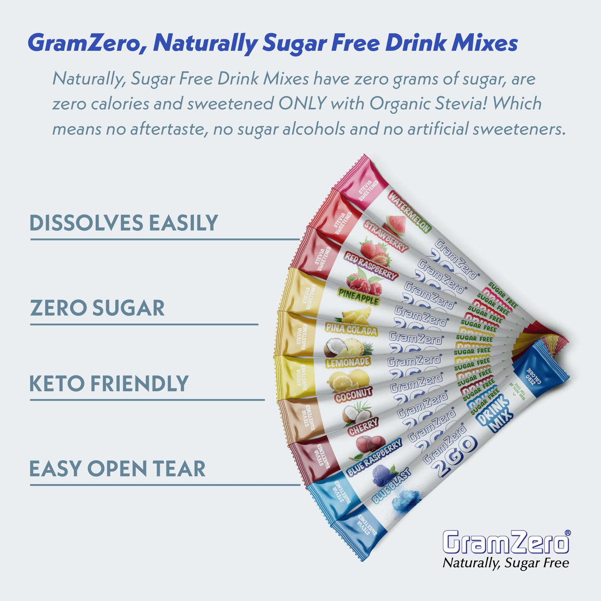 GramZero 2GO Sticks Lemonade flavor, naturally sweetened with organic stevia.