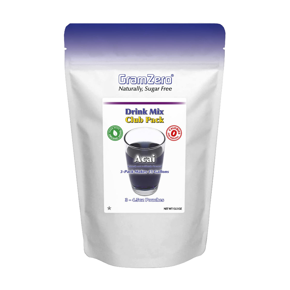 GramZero Acai zero calorie drink mix packaging ready for keto and low-calorie beverages.